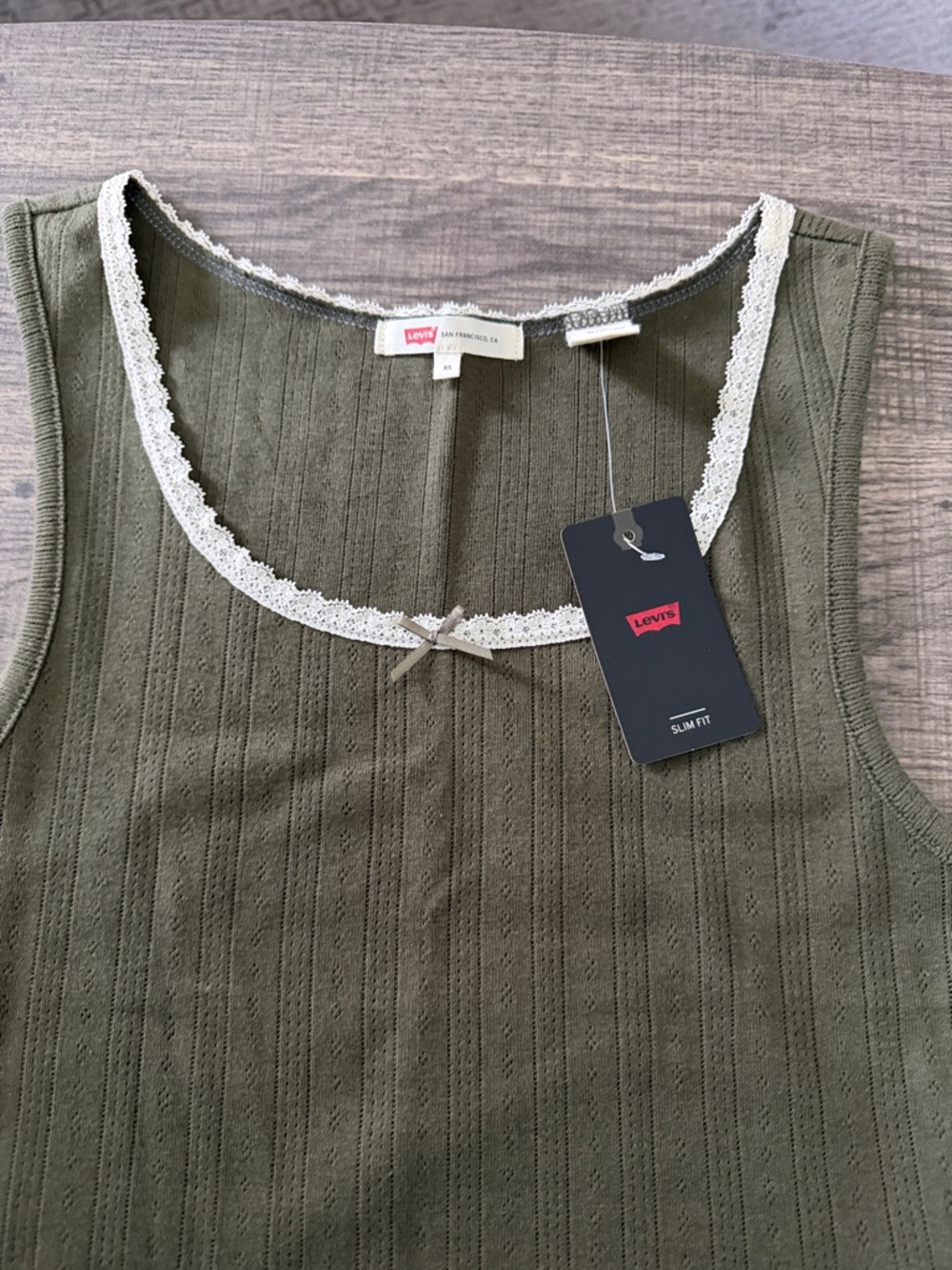 Levi's Olive Ribbed Tank with Cream Lace Trim
